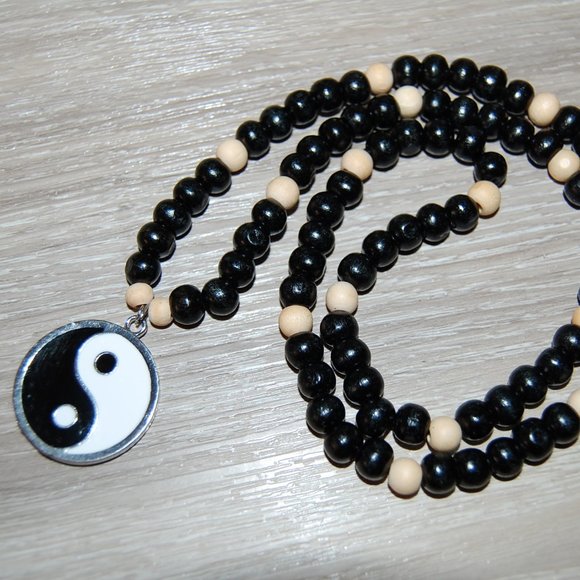 Tai chi Necklace,Yin Yang Necklace,Wood Necklace,Ethnic Necklace,8mm Wood Beads - Picture 1 of 3